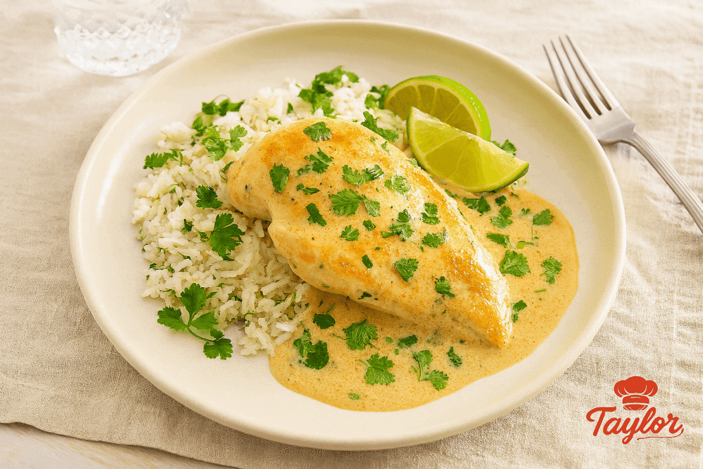 A vibrant plate of creamy coconut lime chicken served over cilantro rice, garnished with fresh lime wedges and cilantro, styled on a wooden table.