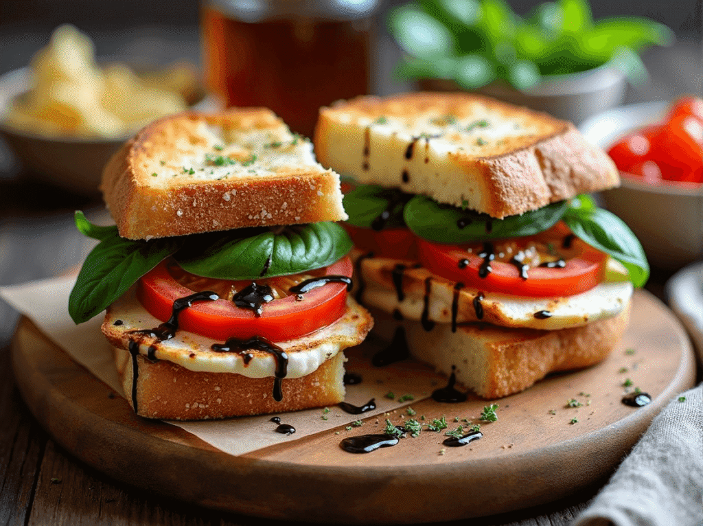 Caprese chicken sandwiches with fresh basil, tomatoes, mozzarella, and balsamic drizzle on wooden board.