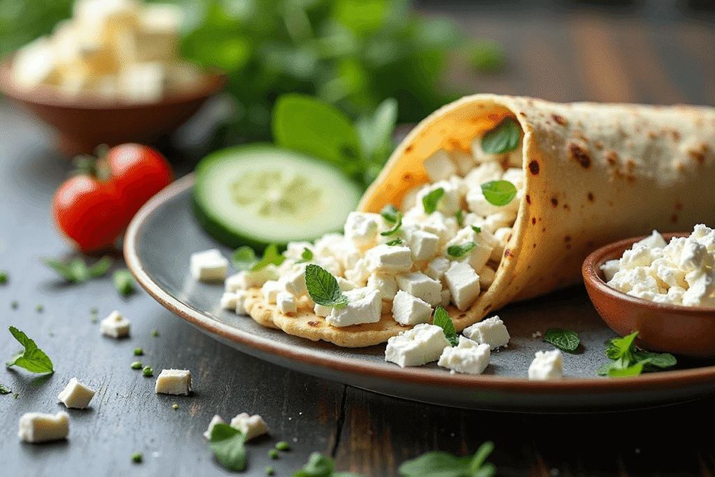 Crumbled feta cheese with fresh herbs as a tangy topping for a chicken hummus wrap