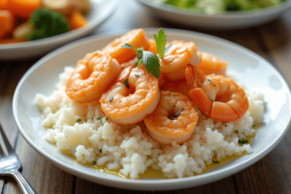 Garlic butter shrimp dinner over fluffy white rice with herbs