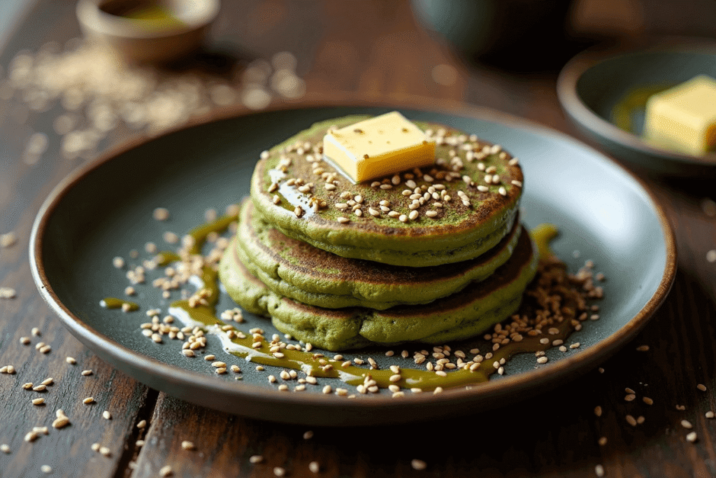 Savoury matcha pancakes brushed with miso butter and sprinkled with sesame seeds.