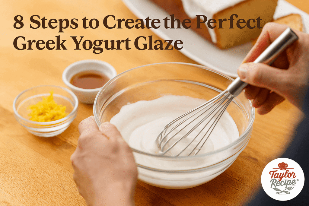 A beautifully glazed bundt cake with creamy Greek yogurt glaze dripping down the sides, surrounded by ingredients like yogurt, lemon, and powdered sugar