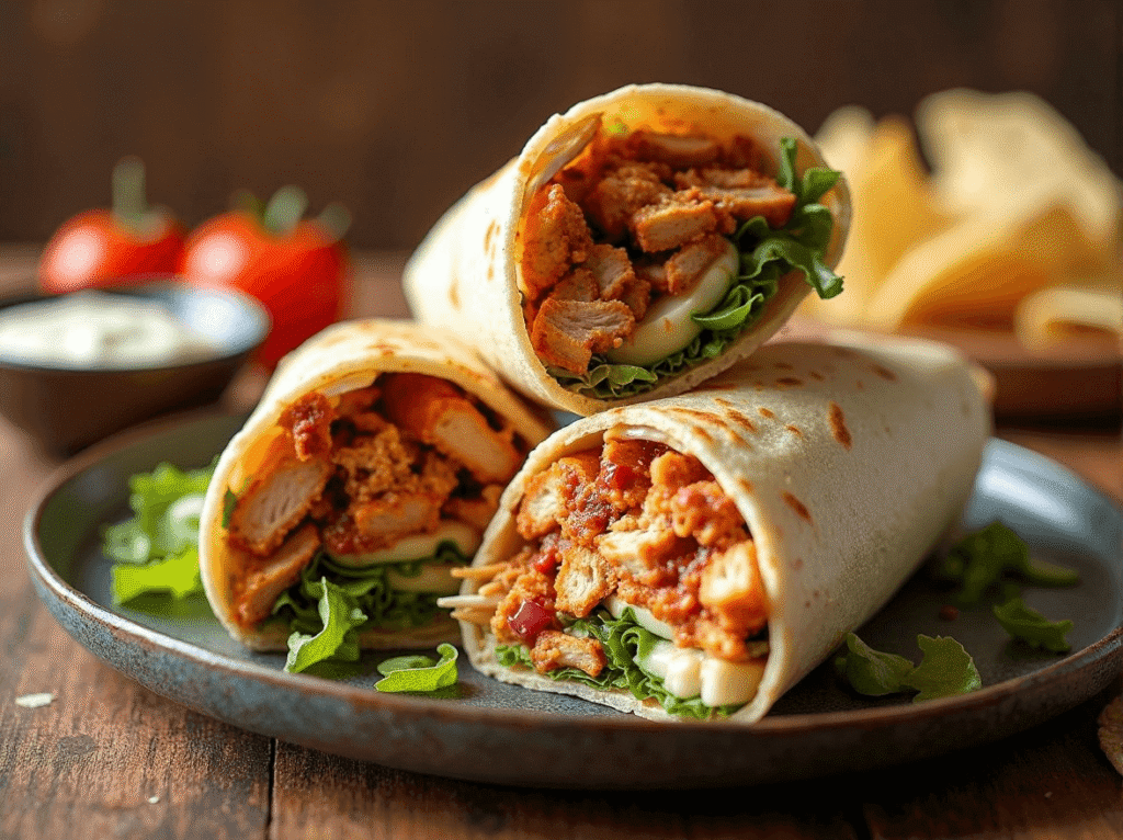 BBQ chicken wraps filled with shredded chicken, greens, and sauce on a rustic plate.