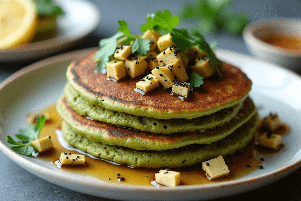 Vegan savory matcha pancakes with golden tofu and fresh herbs.