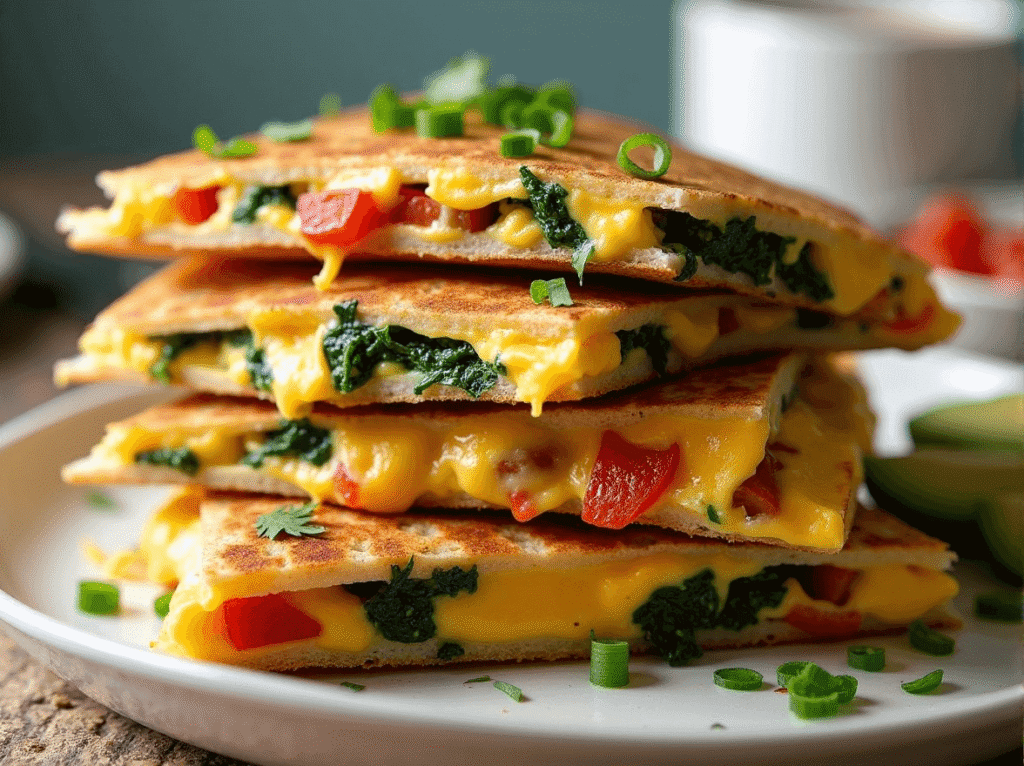 Breakfast quesadilla filled with scrambled eggs, cheese, and veggies