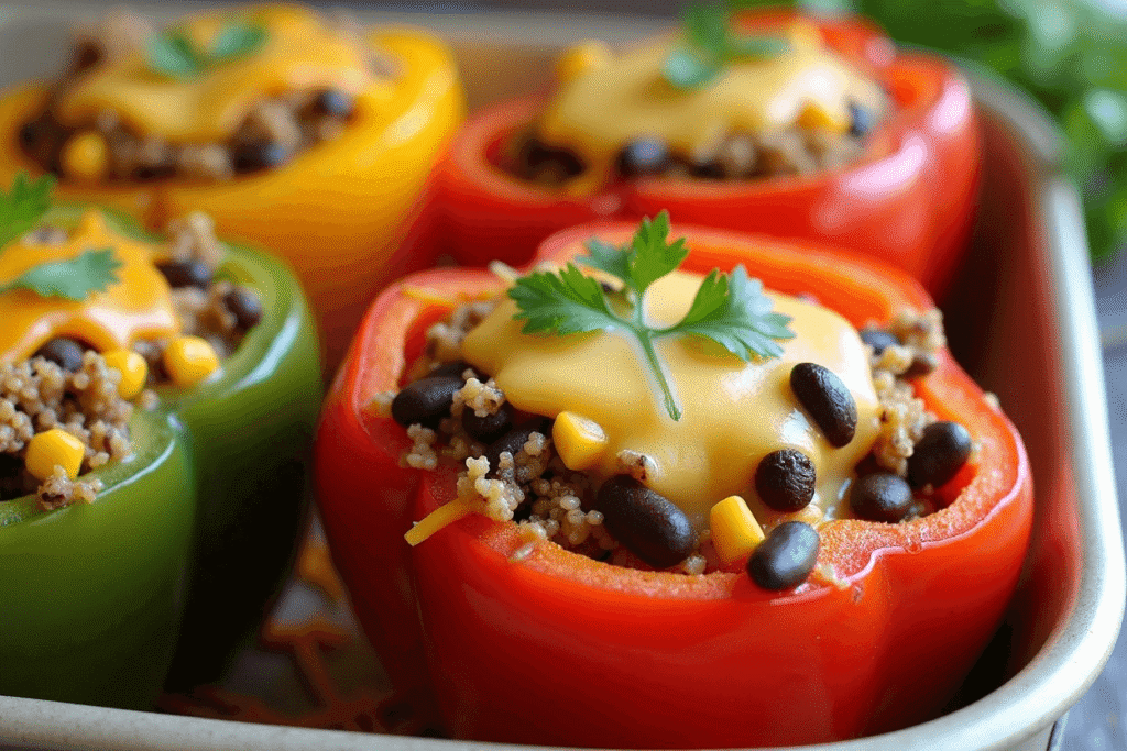 Stuffed bell peppers dinner with couscous, black beans, corn, and melted cheese