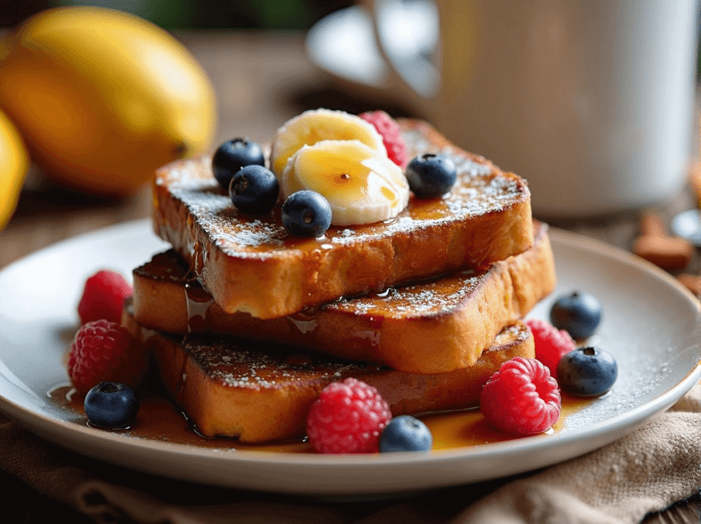 Cinnamon vanilla French toast with fresh fruit and powdered sugar