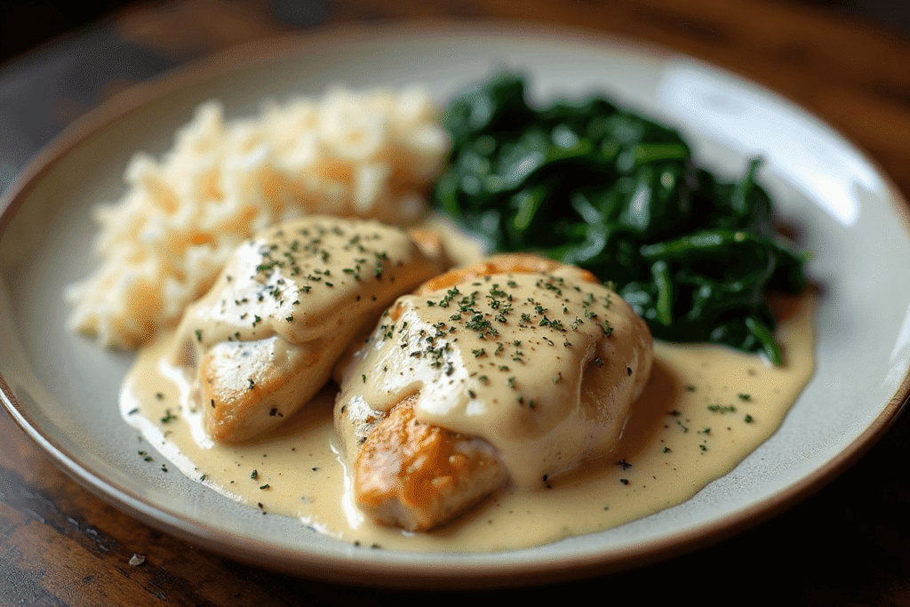 Creamy lemon garlic chicken dinner with spinach and white rice