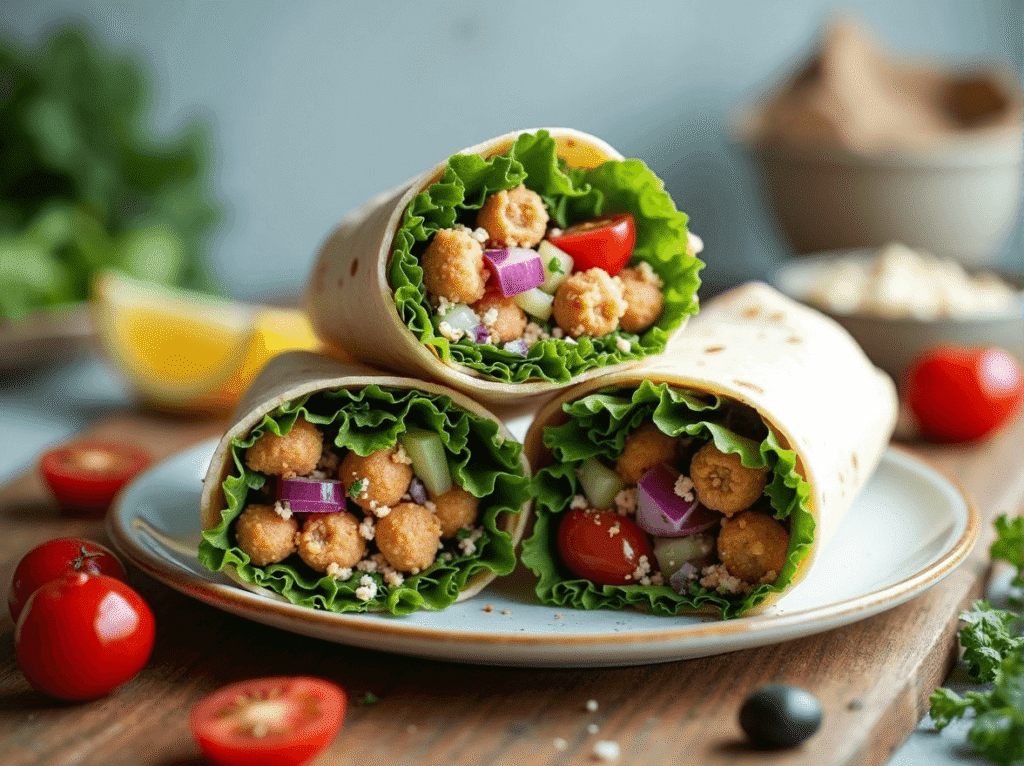Vegetarian wraps filled with crispy chickpeas, red onions, tomatoes, and feta on a plate.