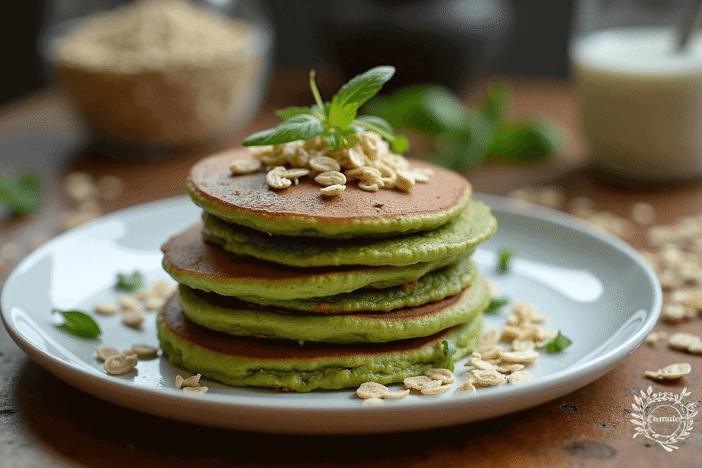 Savoury matcha pancakes with quinoa and oats sprinkled on top.