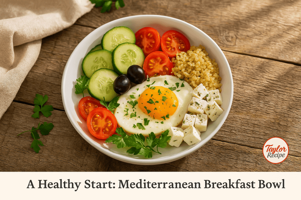 Bright and appetizing Mediterranean breakfast bowl served with fresh vegetables, eggs, hummus, grains, and herbs on a rustic morning table.