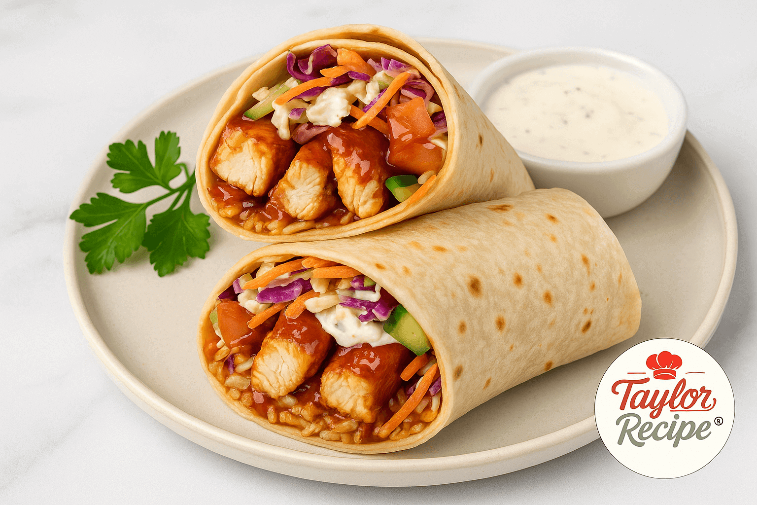 BBQ chicken wrap with ranch dressing and crunchy slaw on a wooden board