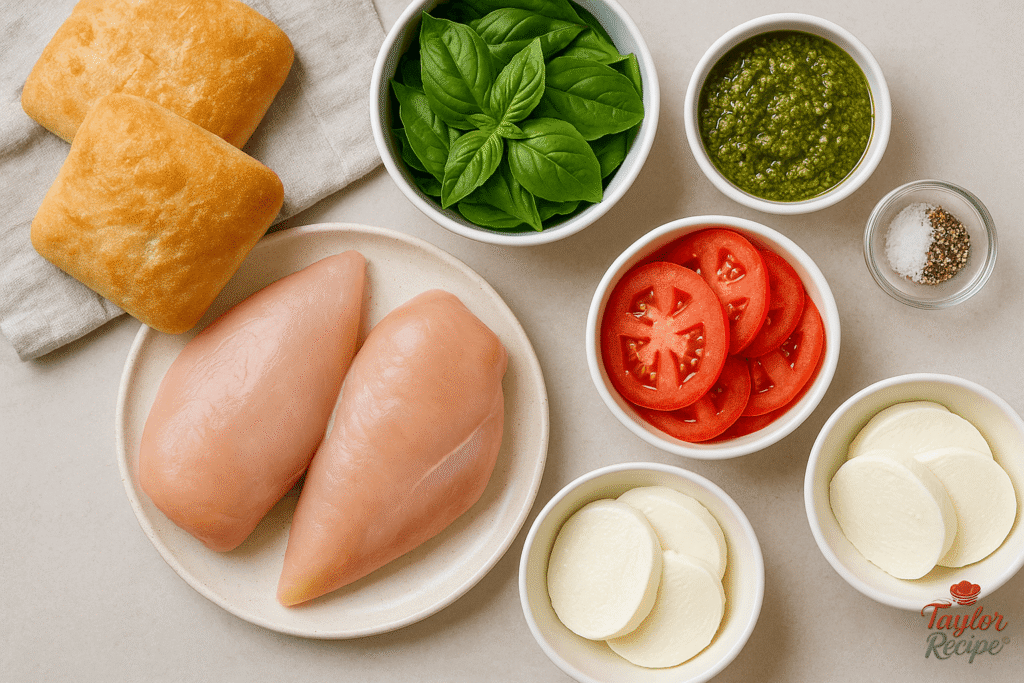Ingredients for Caprese chicken sandwich recipe including chicken breast, tomatoes, basil, mozzarella, and balsamic glaze