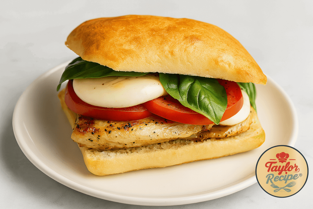 Caprese chicken sandwich recipe served on a plate with a side salad and balsamic drizzle