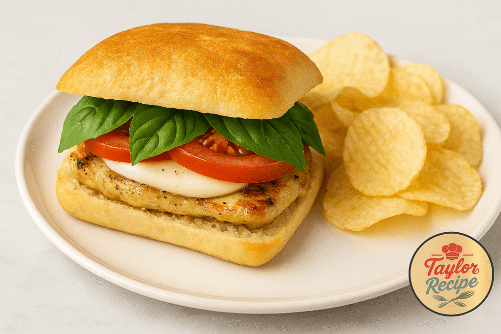 Close-up of a Caprese chicken sandwich recipe with layers of chicken, tomato, mozzarella, and basil leaves