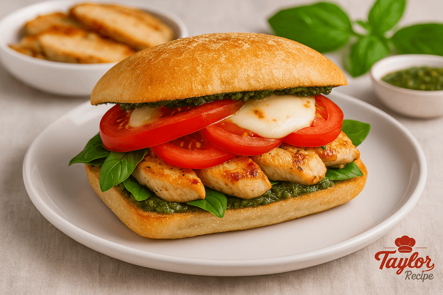 Delicious Caprese chicken sandwich recipe with fresh basil, mozzarella, and tomato on a wooden board