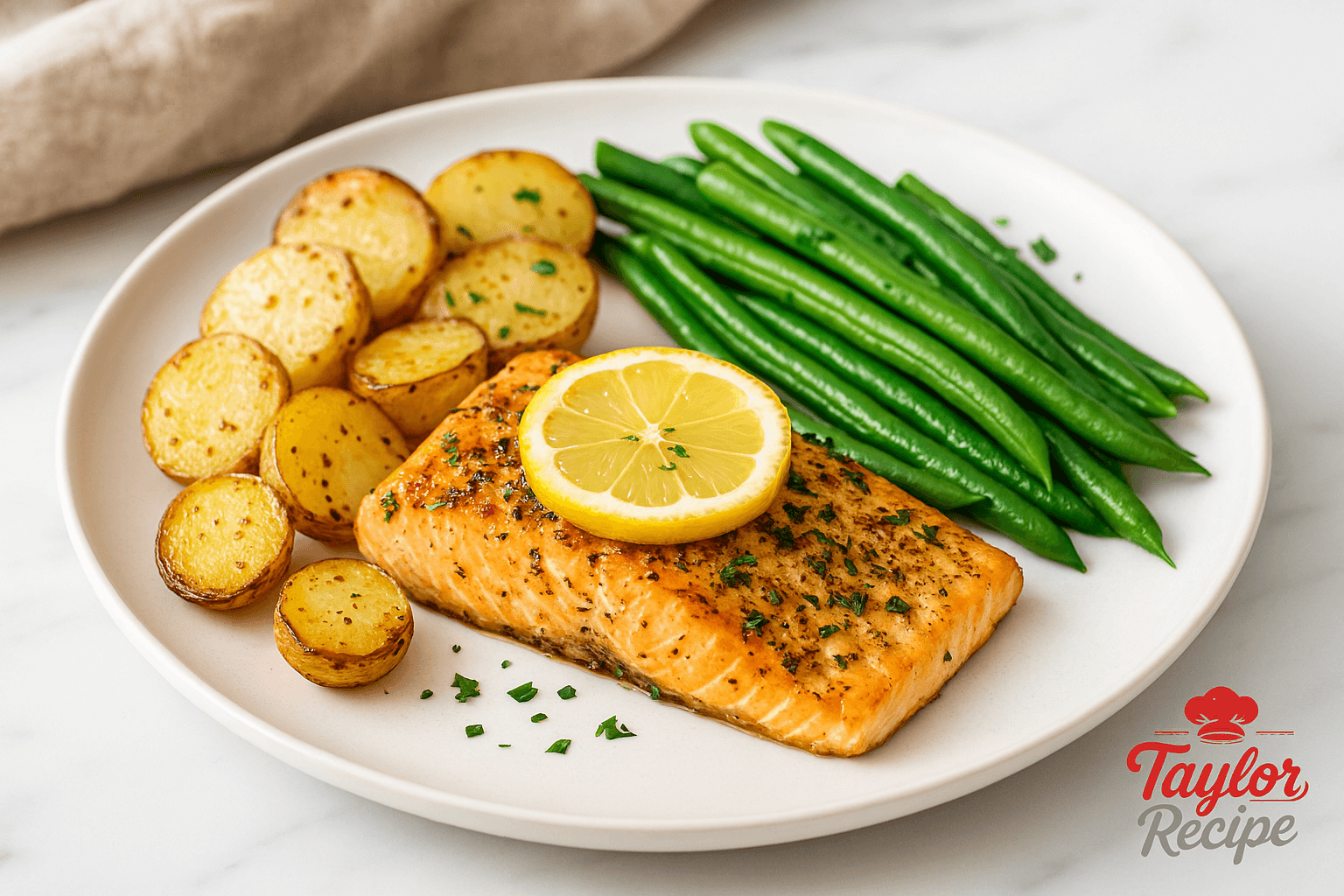 Lemon herb salmon fillet on a white plate with herbs and lemon wedges