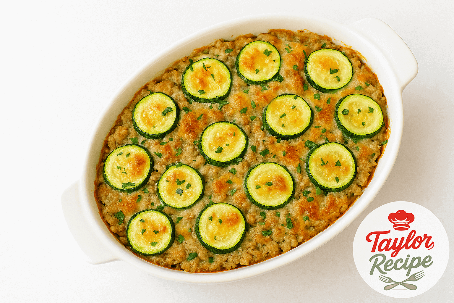 Cheesy zucchini turkey casserole baked in a white dish with golden melted cheese and fresh herbs on top.