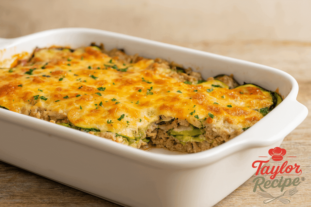 Freshly baked zucchini turkey casserole with layers of zucchini, ground turkey, and melted cheese in a white baking dish.