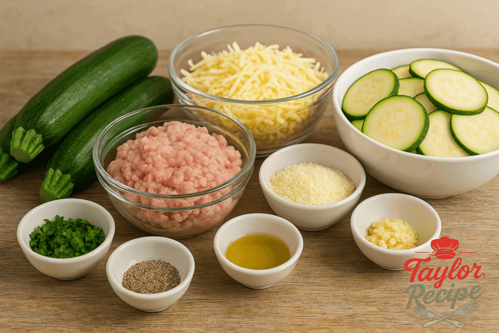 Ingredients for zucchini turkey casserole including fresh zucchini, ground turkey, shredded cheese, and herbs arranged on a wooden table.