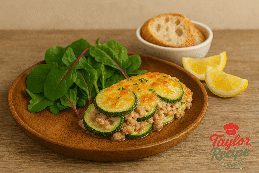 Serving suggestion for zucchini turkey casserole with fresh salad, crusty bread, and lemon wedges on a rustic table.