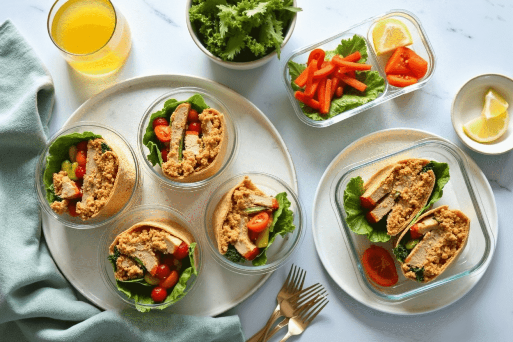 Wraps packed in meal prep containers with lemon wedges and fresh veggie sides
