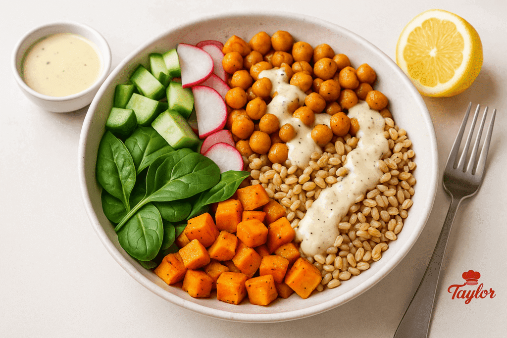 Chickpea grain bowl served in a ceramic dish with roasted sweet potatoes, greens, and lemon tahini dressing