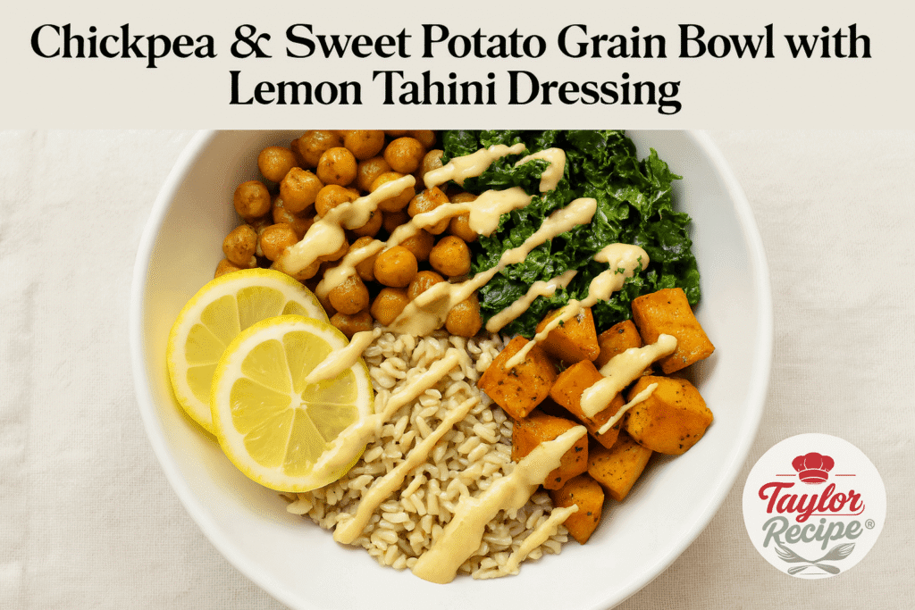 Vibrant chickpea grain bowl with roasted vegetables, grains, and lemon tahini drizzle