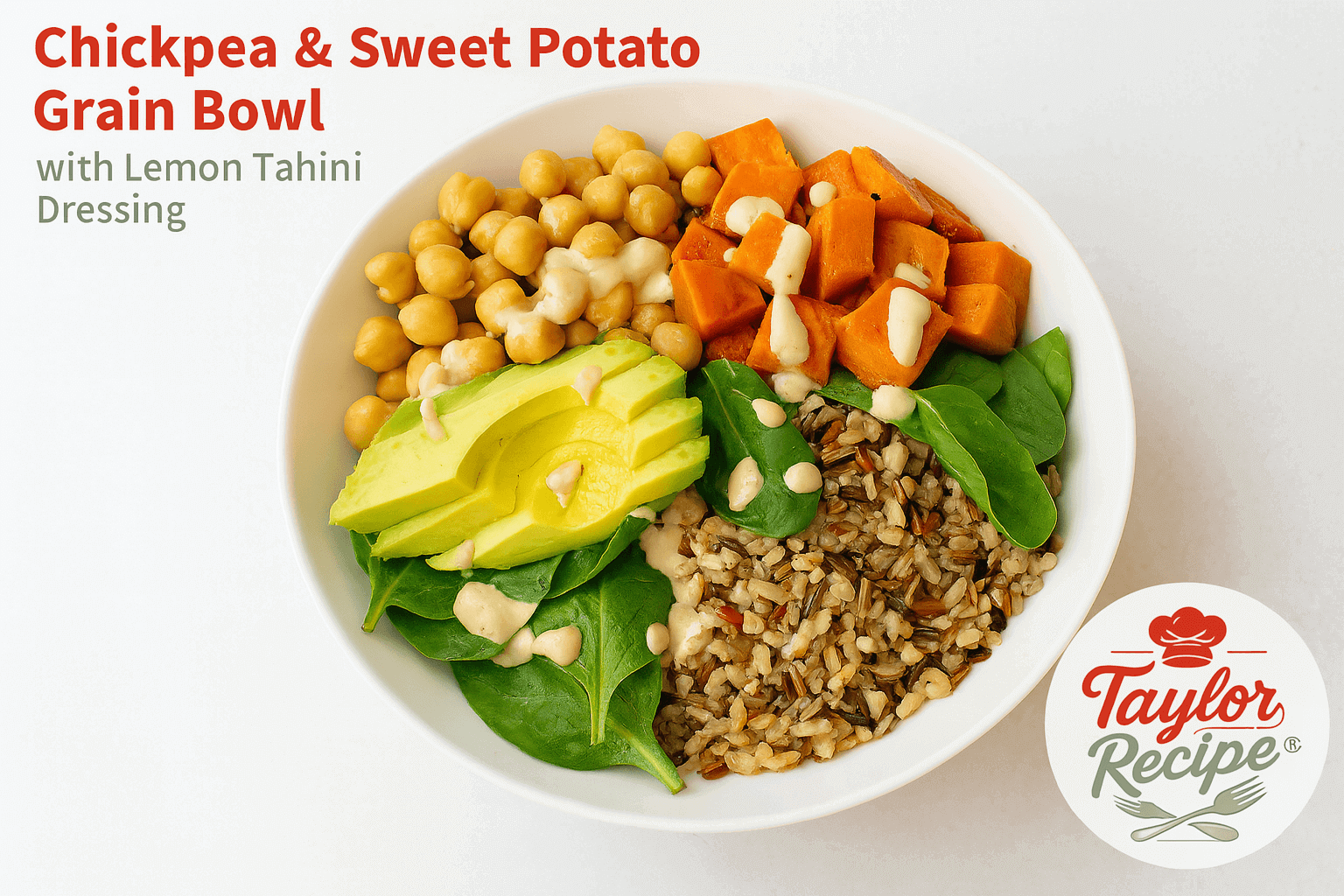 Chickpea grain bowl with roasted sweet potatoes, fresh greens, cucumbers, and lemon tahini dressing