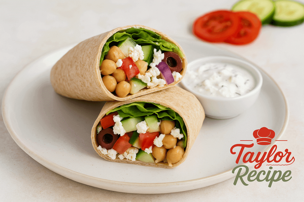 Close-up of a Mediterranean chickpea wrap with feta and tzatziki on a rustic plate