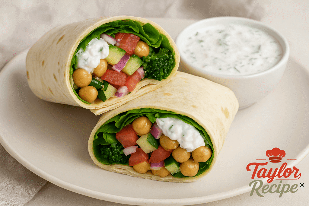 Wraps sliced in half and served with a side of tzatziki and lemon wedges