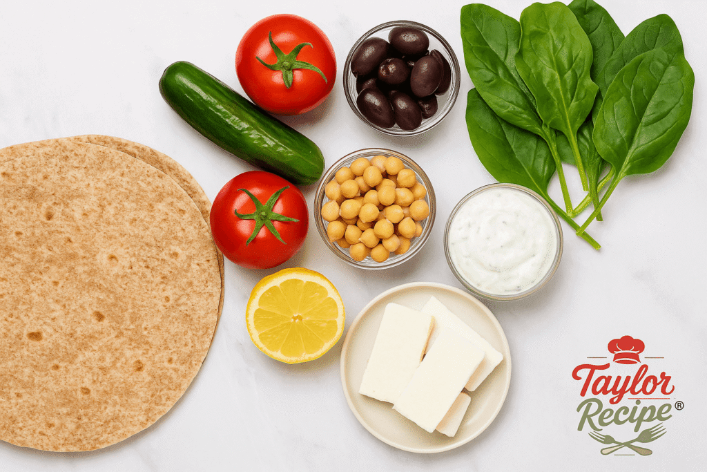 Ingredients for Mediterranean chickpea wrap including chickpeas, feta, tzatziki, and fresh vegetables