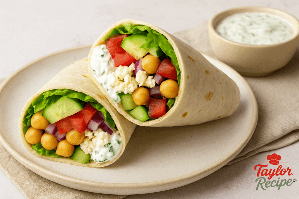 Vegetarian wraps served on a ceramic plate with dipping sauce and a sprinkle of herbs