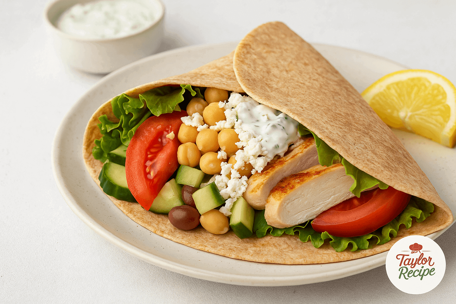 Mediterranean chickpea wrap filled with feta, fresh veggies, and tzatziki sauce on a wooden board