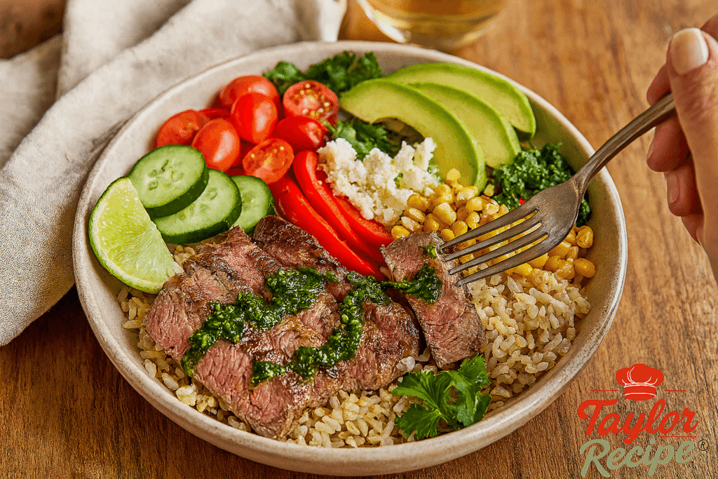 Finished steak with chimichurri sauce on a table with utensils.