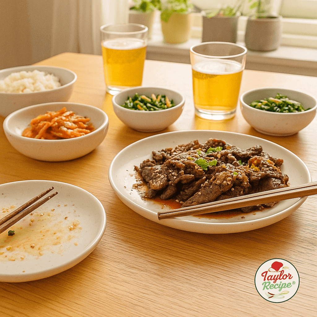 A warm dinner table with grilled beef, side dishes, and diners enjoying the meal.