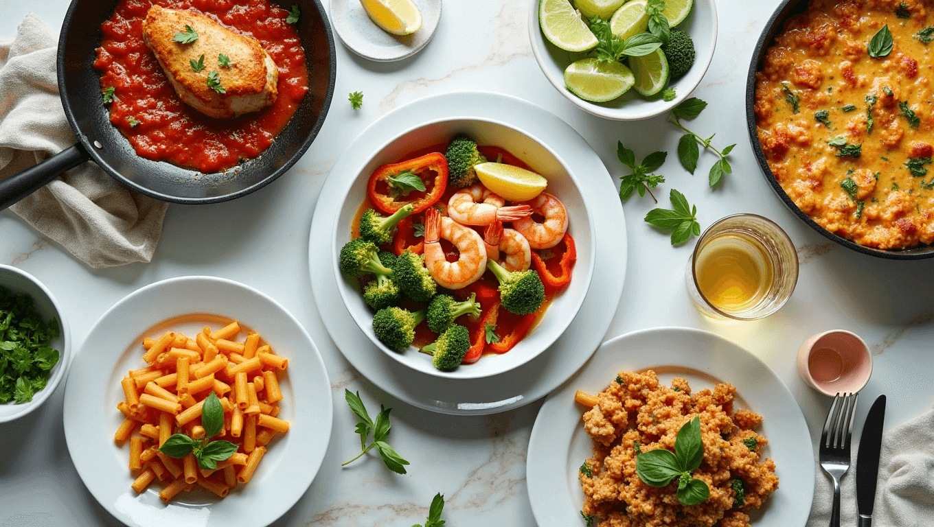 Flat lay of vibrant dinner dishes including pasta, chicken, and shrimp