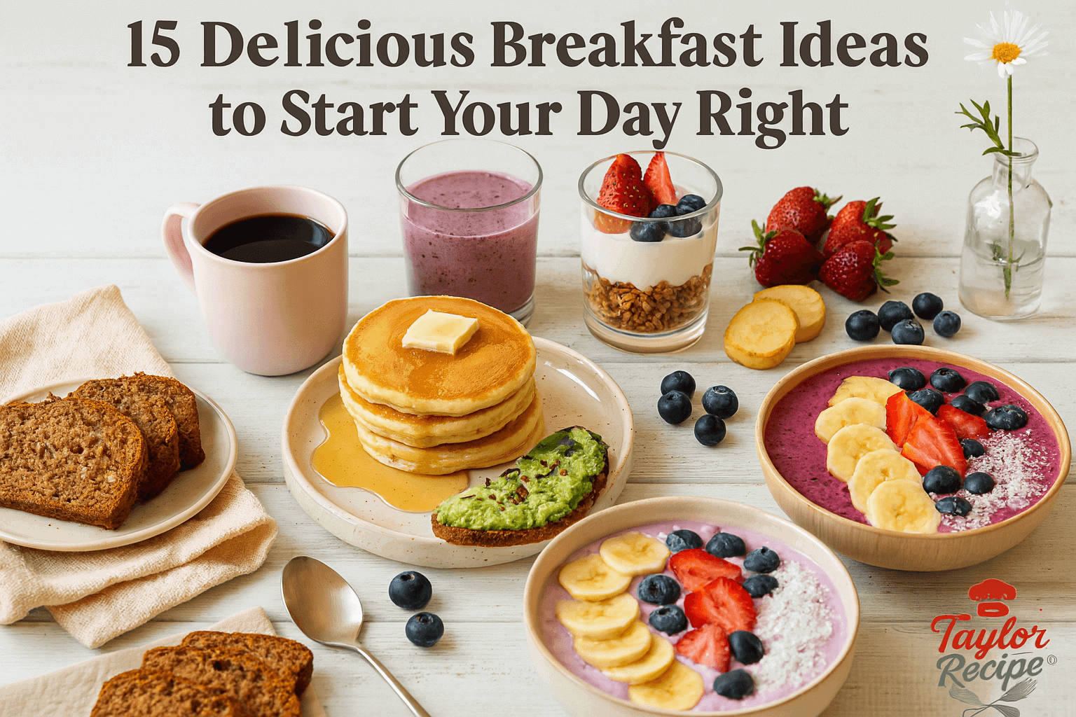 A spread of easy healthy breakfast ideas including pancakes, parfait, and avocado toast