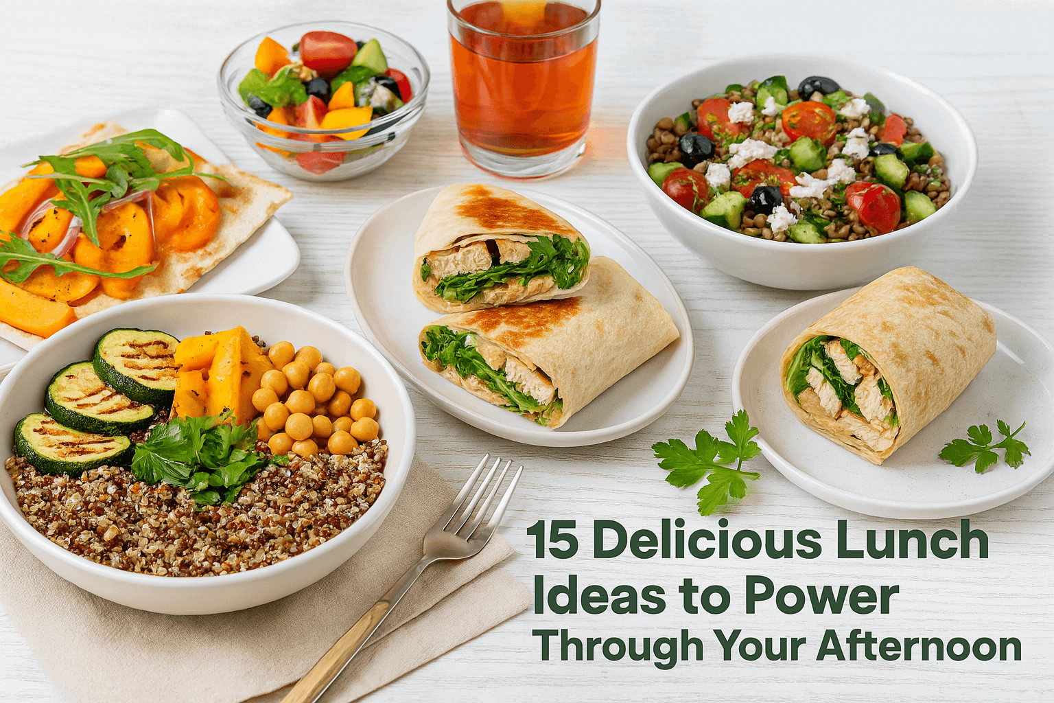 A colorful lunch spread featuring a grain bowl with grilled veggies, a wrap with chicken and hummus, lentil salad with feta, and a flatbread topped with roasted vegetables, styled on a bright wooden table.
