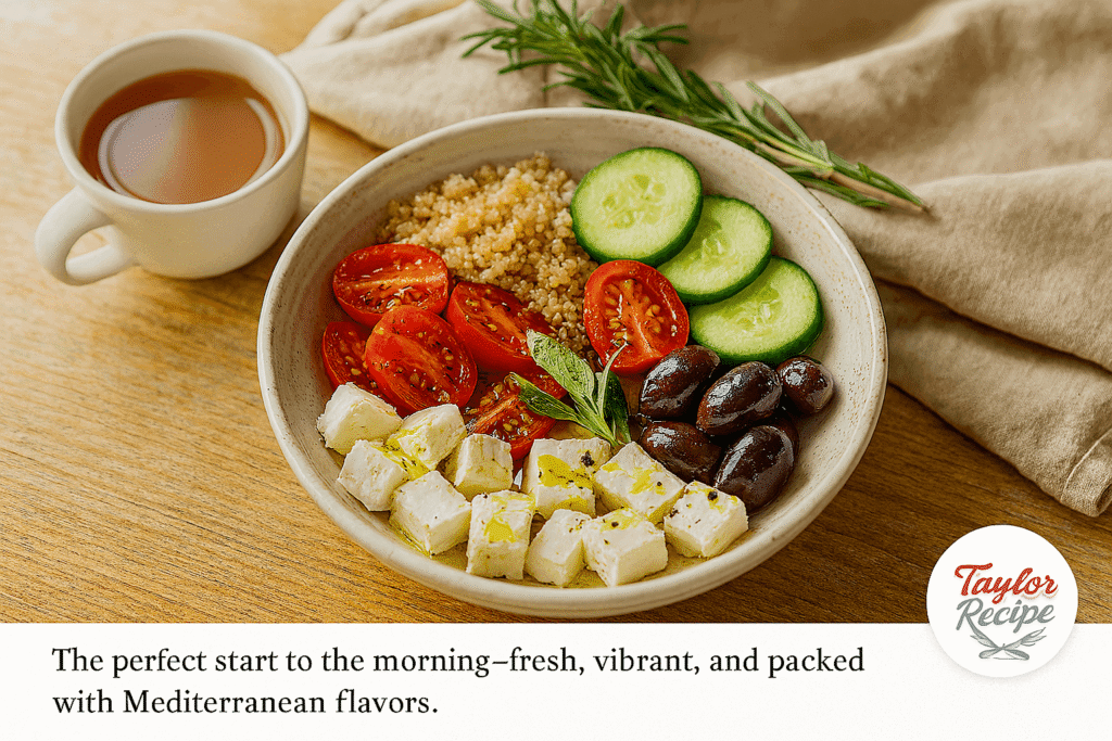Warm and inviting breakfast scene with a bowl, tea, and fresh herbs on a cozy morning table.
