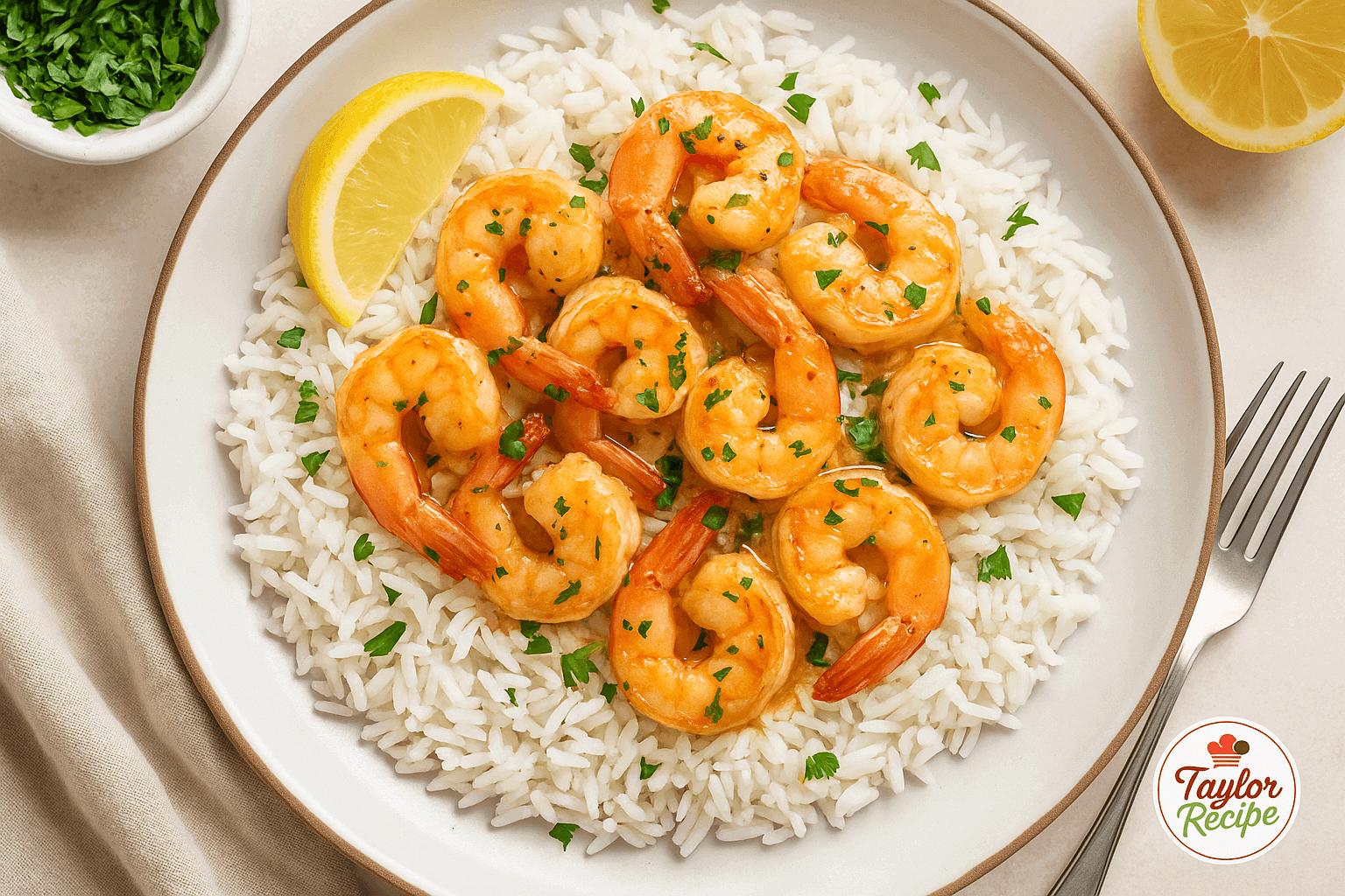 Plate of garlic butter shrimp with lemon and rice garnished with parsley