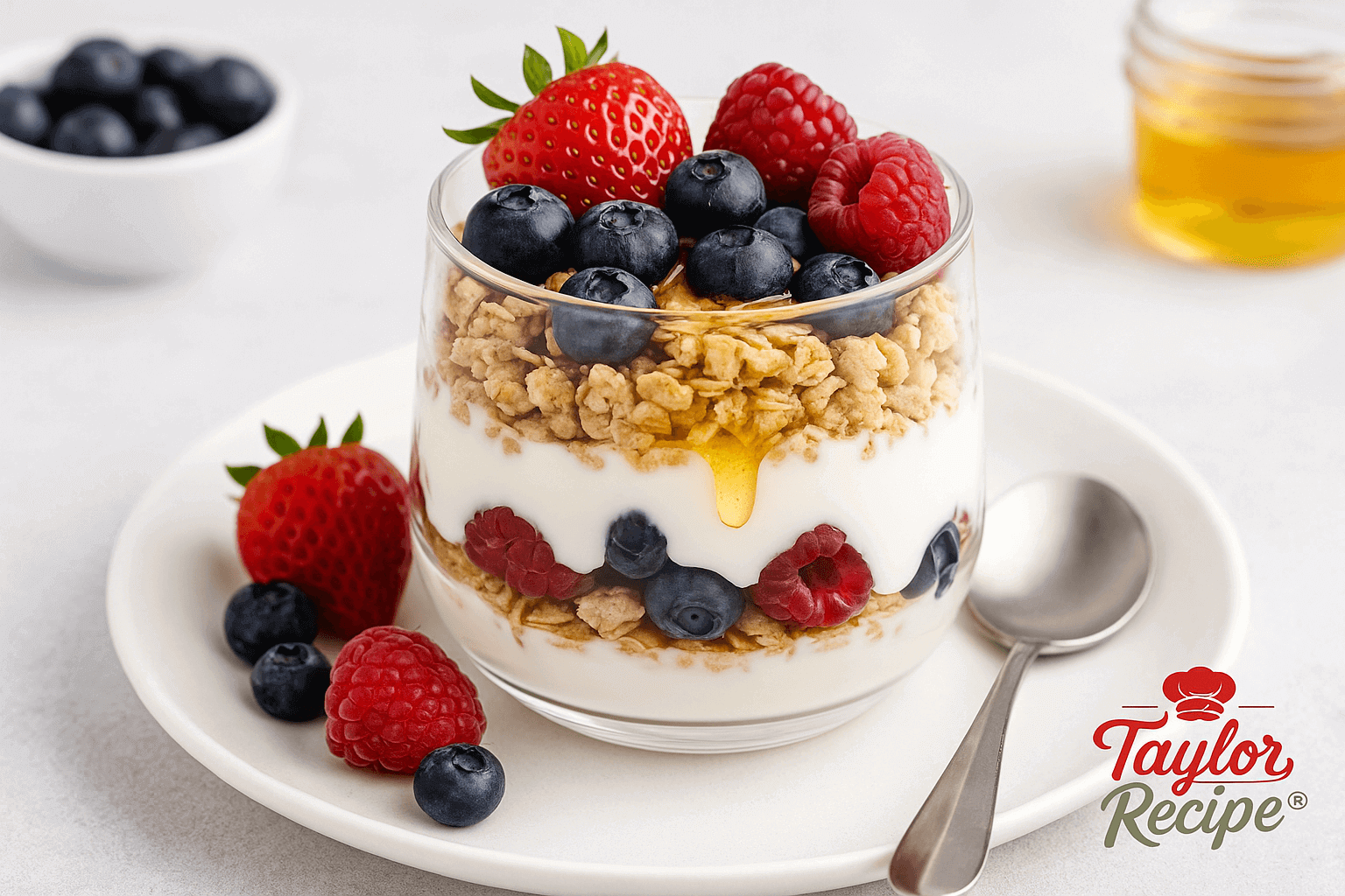 Greek yogurt parfait with fresh berries, honey, and granola in a glass