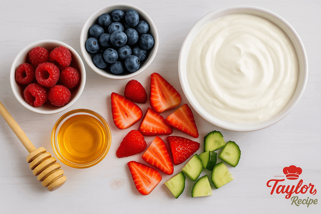 Ingredients for making a Greek yogurt parfait with berries, honey, and granola arranged on a kitchen counter