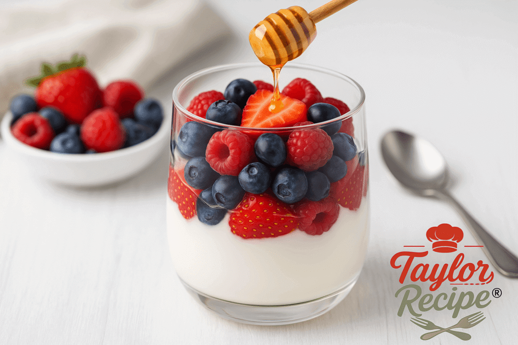 Layered Greek yogurt parfait with blueberries, strawberries, and honey in a clear glass