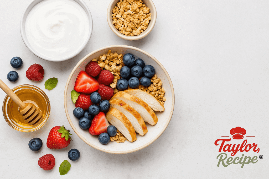 Layered yogurt and fruit parfait served with a spoon and fresh mint on a breakfast table