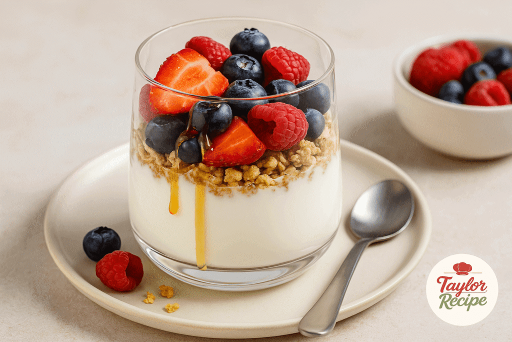 A breakfast glass with creamy yogurt, berries, honey drizzle, and mint served on a wooden tray