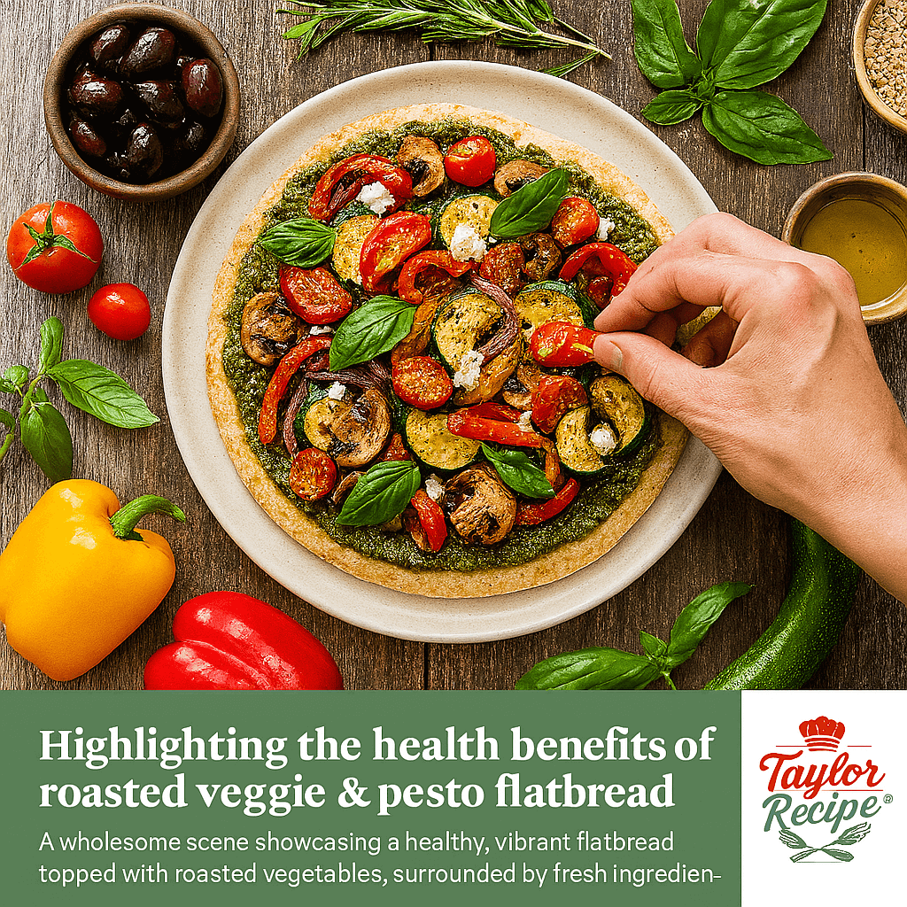 Roasted veggie & pesto flatbread on a wooden table surrounded by fresh vegetables and herbs