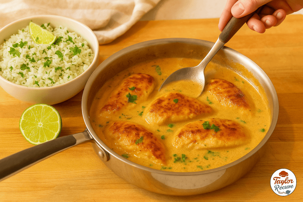 A skillet of creamy coconut lime chicken simmering in sauce next to a bowl of cilantro rice.