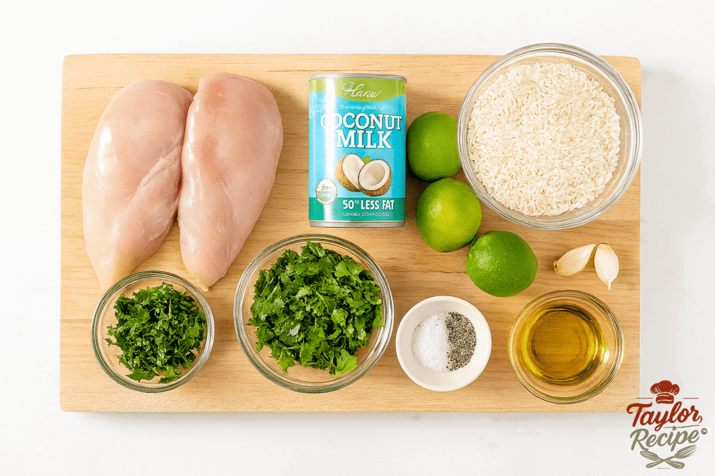 Raw chicken, coconut milk, fresh limes, cilantro, rice, garlic, and spices arranged on a wooden kitchen counter.