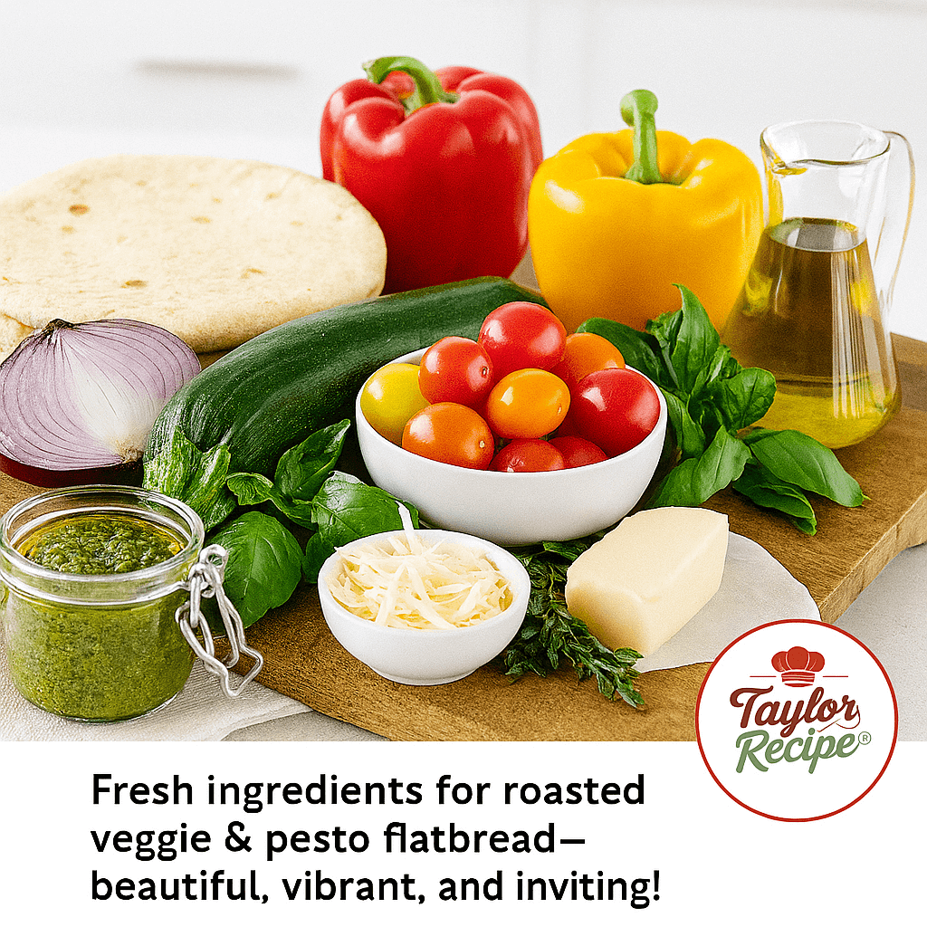 Ingredients for roasted veggie and pesto flatbread laid out on a kitchen counter